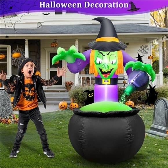 5 Ft Halloween Inflatable Witch with Cauldron and Green LED String Light - Picture 6 of 6